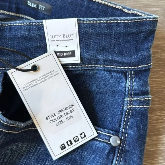 Judy Blue Womens Mid Rise Shark Bite Frayed Hem Slim Fit Jeans 16W Nwt