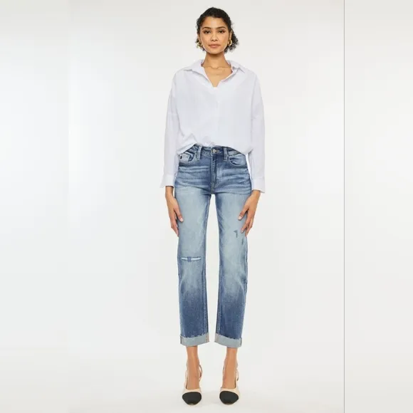 KanCan High Rise Medium Wash Slim Straight Raw Hem Cuffed Jeans Various New