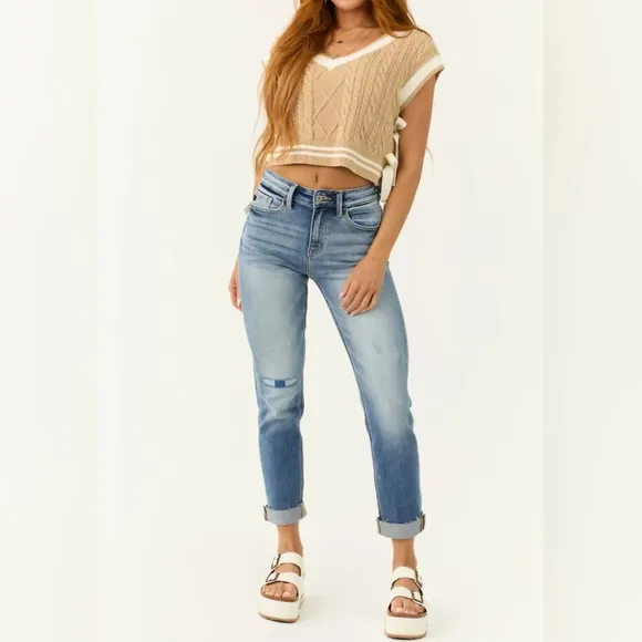 KanCan High Rise Medium Wash Slim Straight Raw Hem Cuffed Jeans Various New