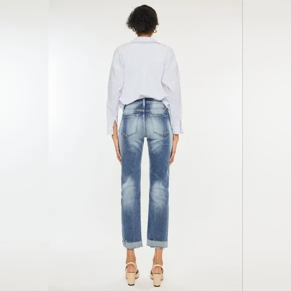 KanCan High Rise Medium Wash Slim Straight Raw Hem Cuffed Jeans Various New