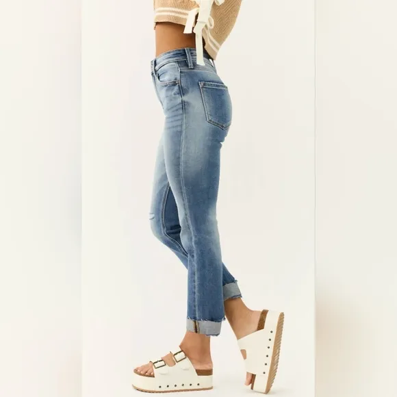 KanCan High Rise Medium Wash Slim Straight Raw Hem Cuffed Jeans Various New