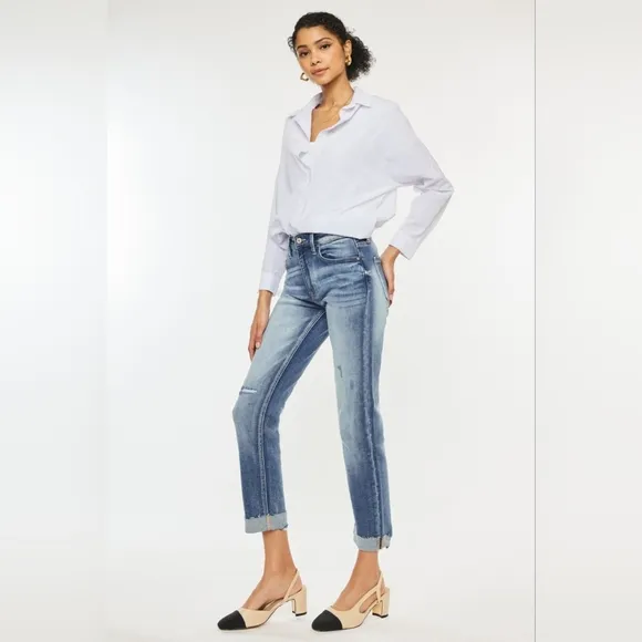 KanCan High Rise Medium Wash Slim Straight Raw Hem Cuffed Jeans Various New