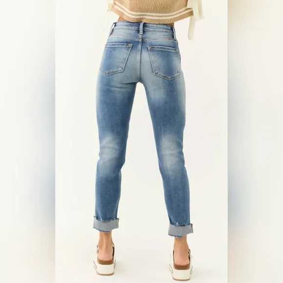 KanCan High Rise Medium Wash Slim Straight Raw Hem Cuffed Jeans Various New