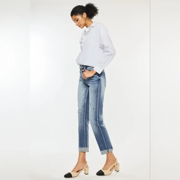 KanCan High Rise Medium Wash Slim Straight Raw Hem Cuffed Jeans Various New
