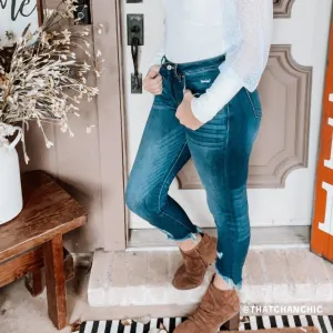 KANCAN KC8395D High Rise Dark Wash Shark Bite Skinny Jeans
