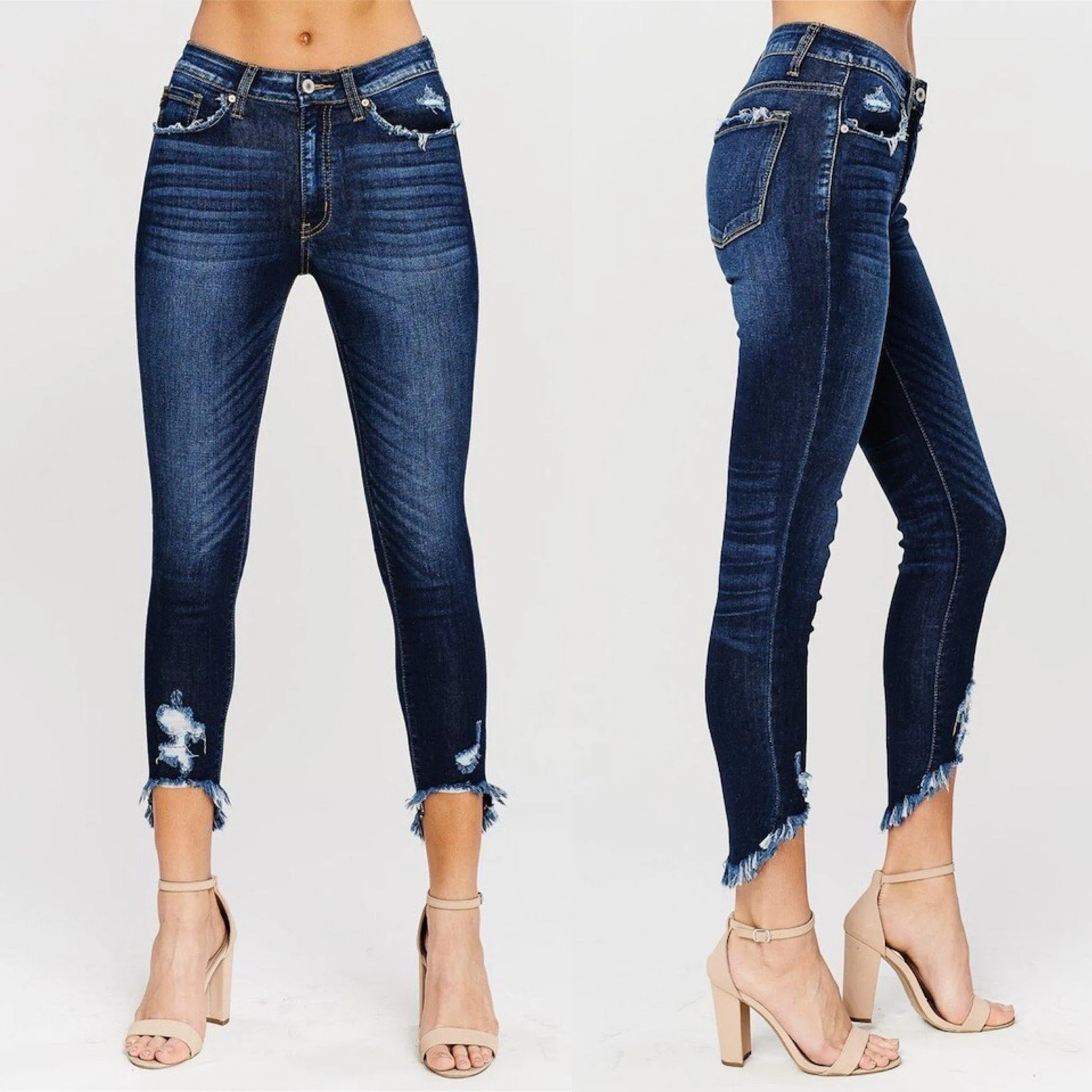 KANCAN KC8395D High Rise Dark Wash Shark Bite Skinny Jeans