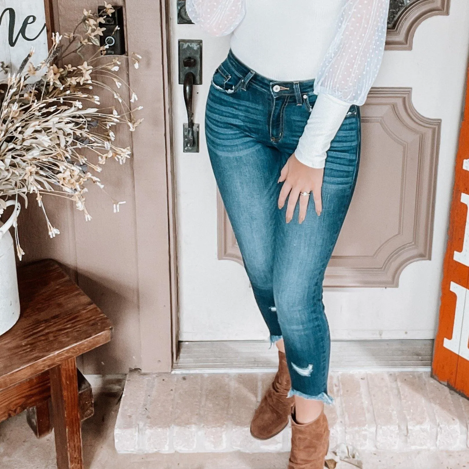 KANCAN KC8395D High Rise Dark Wash Shark Bite Skinny Jeans