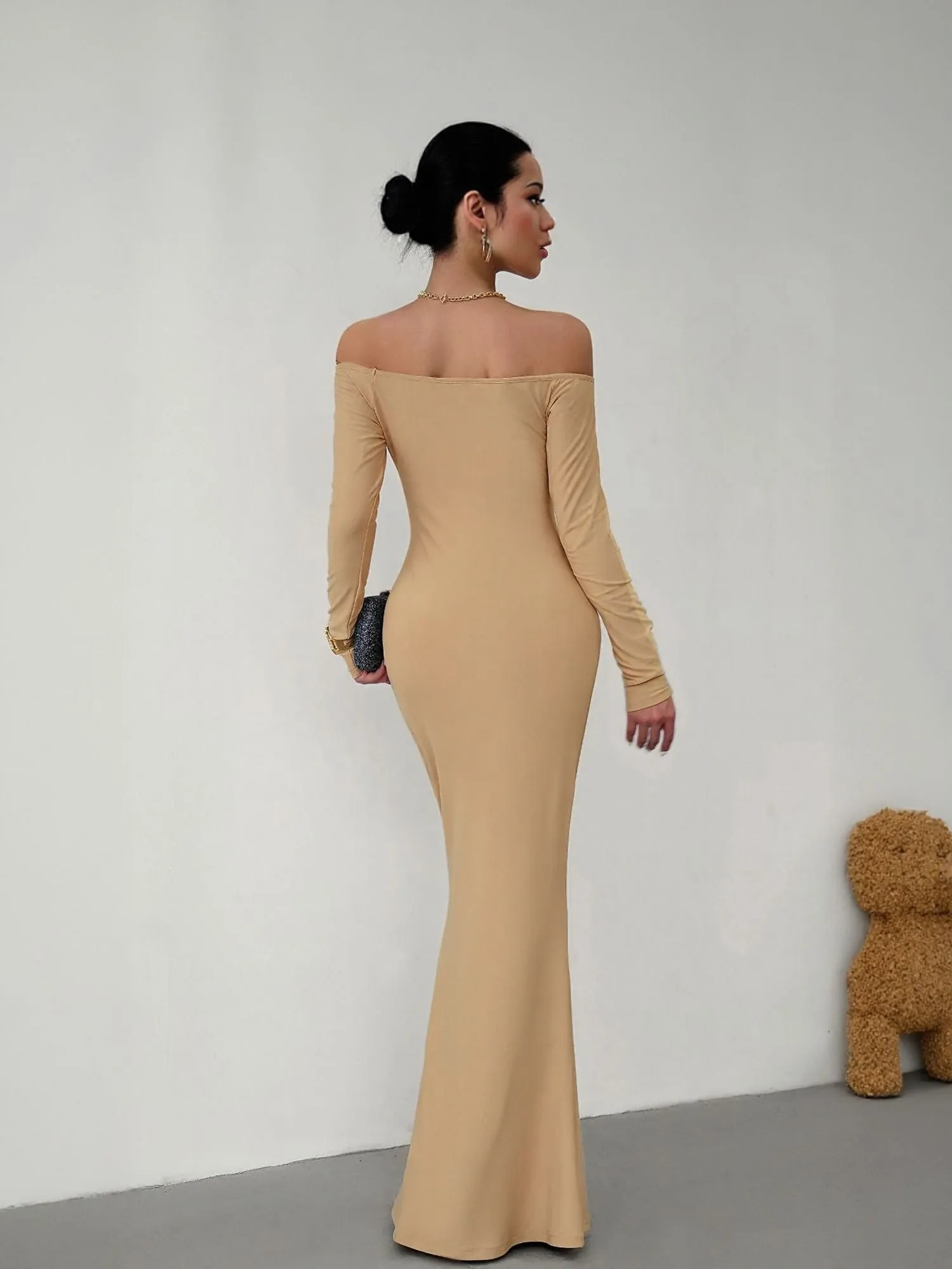 Khaki Off Shoulder Maxi Dress