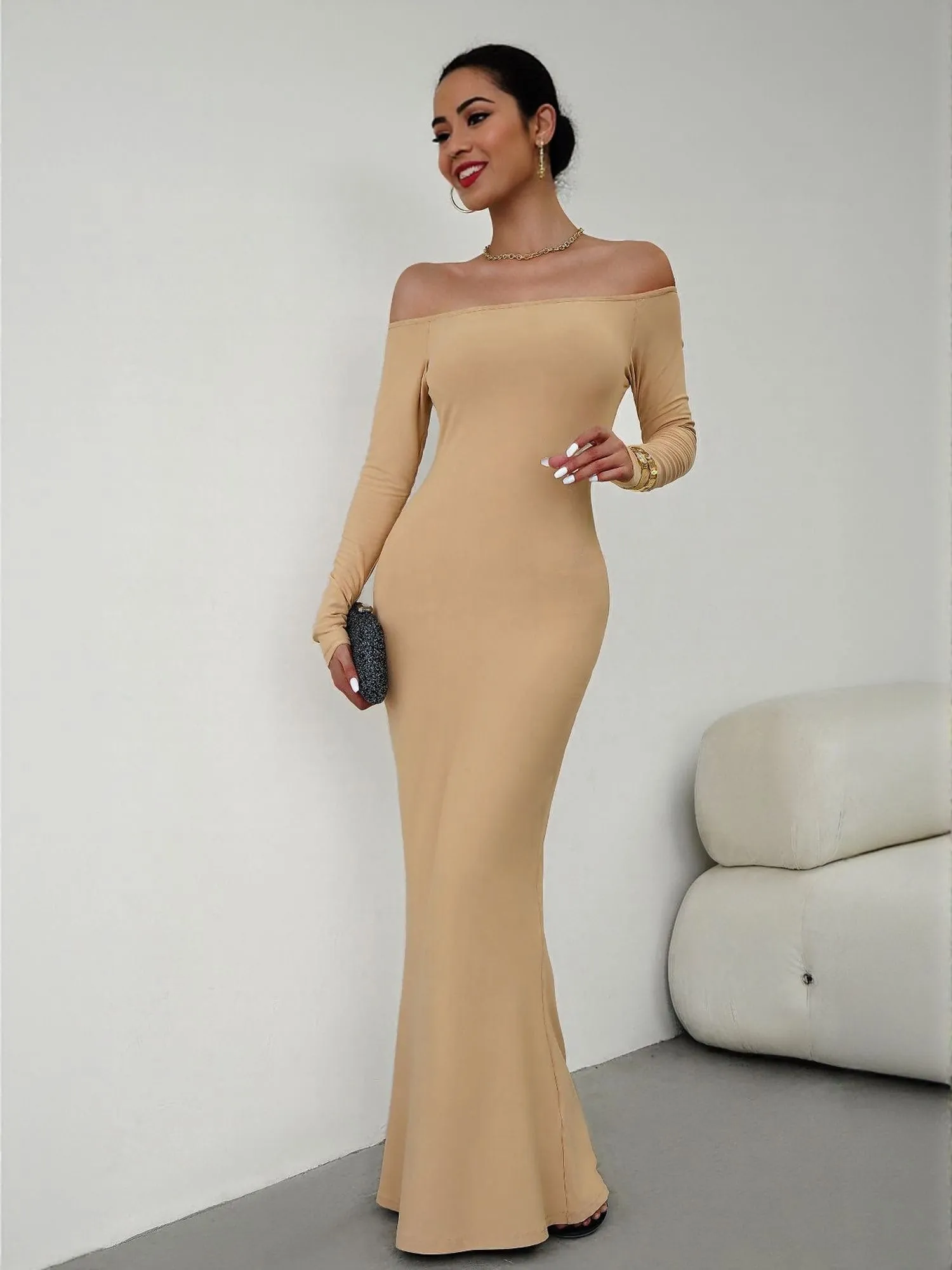 Khaki Off Shoulder Maxi Dress