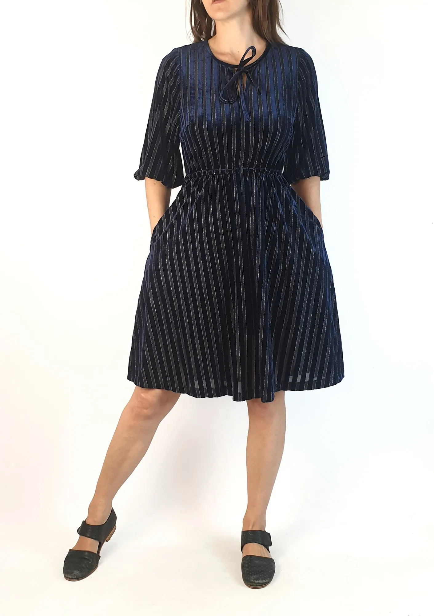 Kindling navy and gold striped half sleeve dress size 8