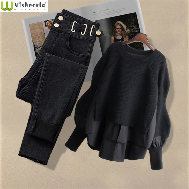Korean Style Two-piece Casual High Waist Jeans and Shirt Set for Women