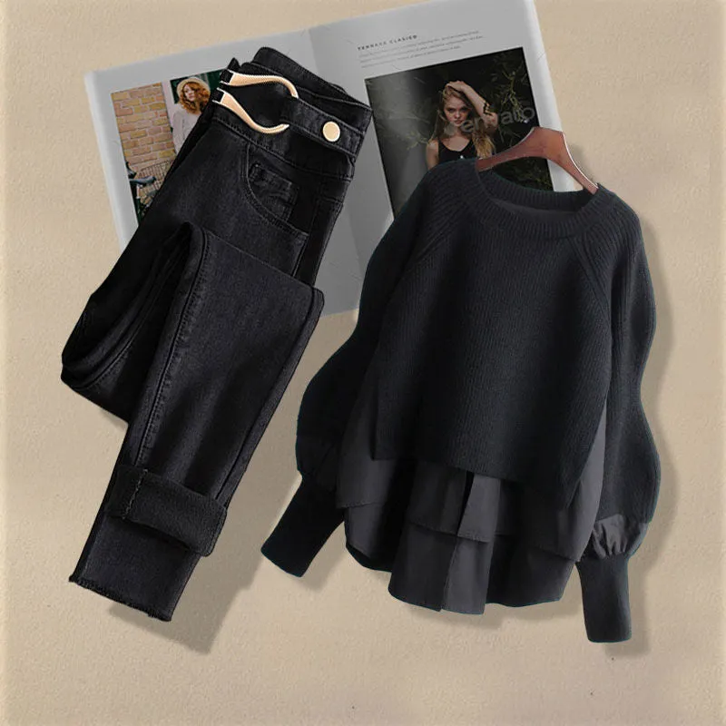 Korean Style Two-piece Casual High Waist Jeans and Shirt Set for Women