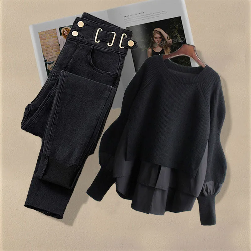 Korean Style Two-piece Casual High Waist Jeans and Shirt Set for Women