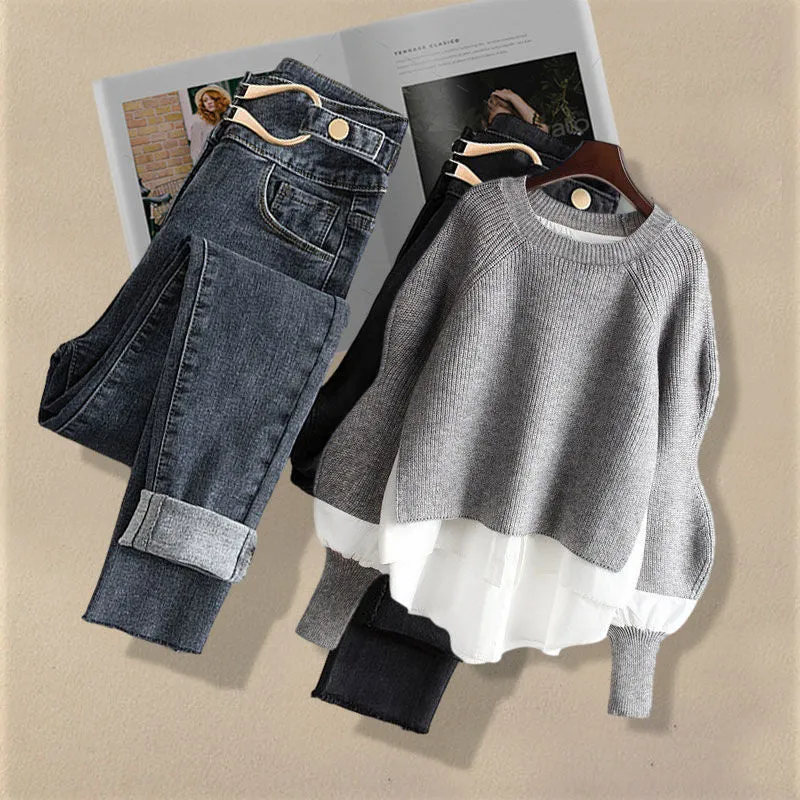 Korean Style Two-piece Casual High Waist Jeans and Shirt Set for Women