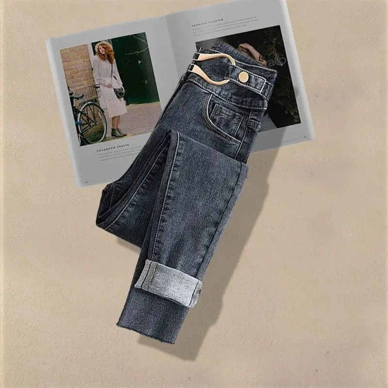 Korean Style Two-piece Casual High Waist Jeans and Shirt Set for Women
