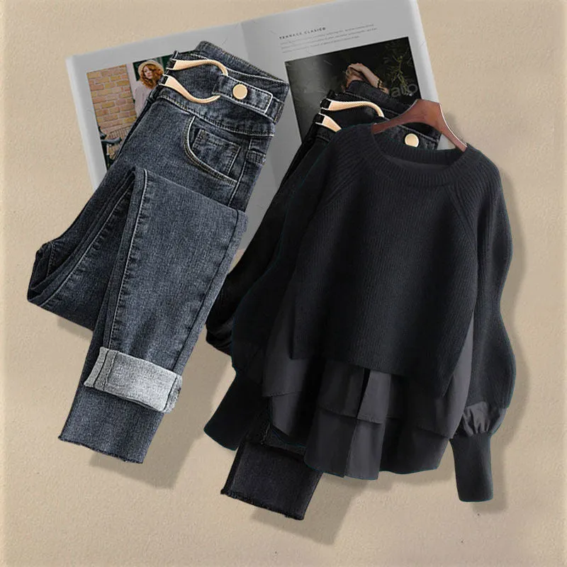 Korean Style Two-piece Casual High Waist Jeans and Shirt Set for Women
