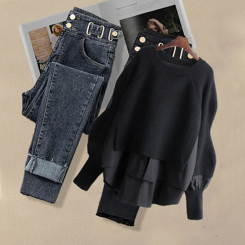 Korean Style Two-piece Casual High Waist Jeans and Shirt Set for Women