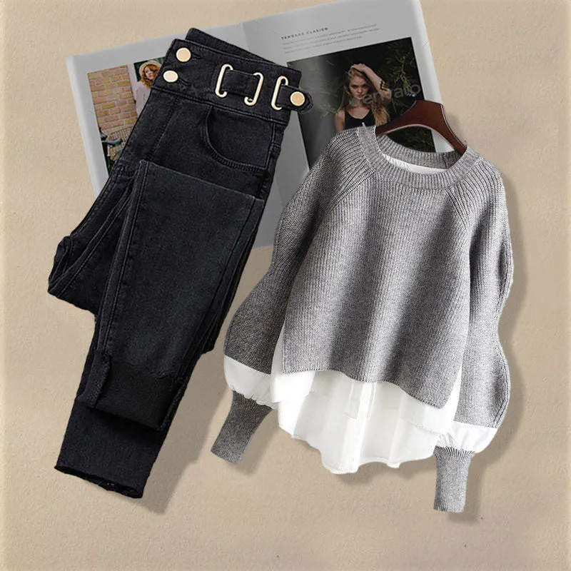 Korean Style Two-piece Casual High Waist Jeans and Shirt Set for Women