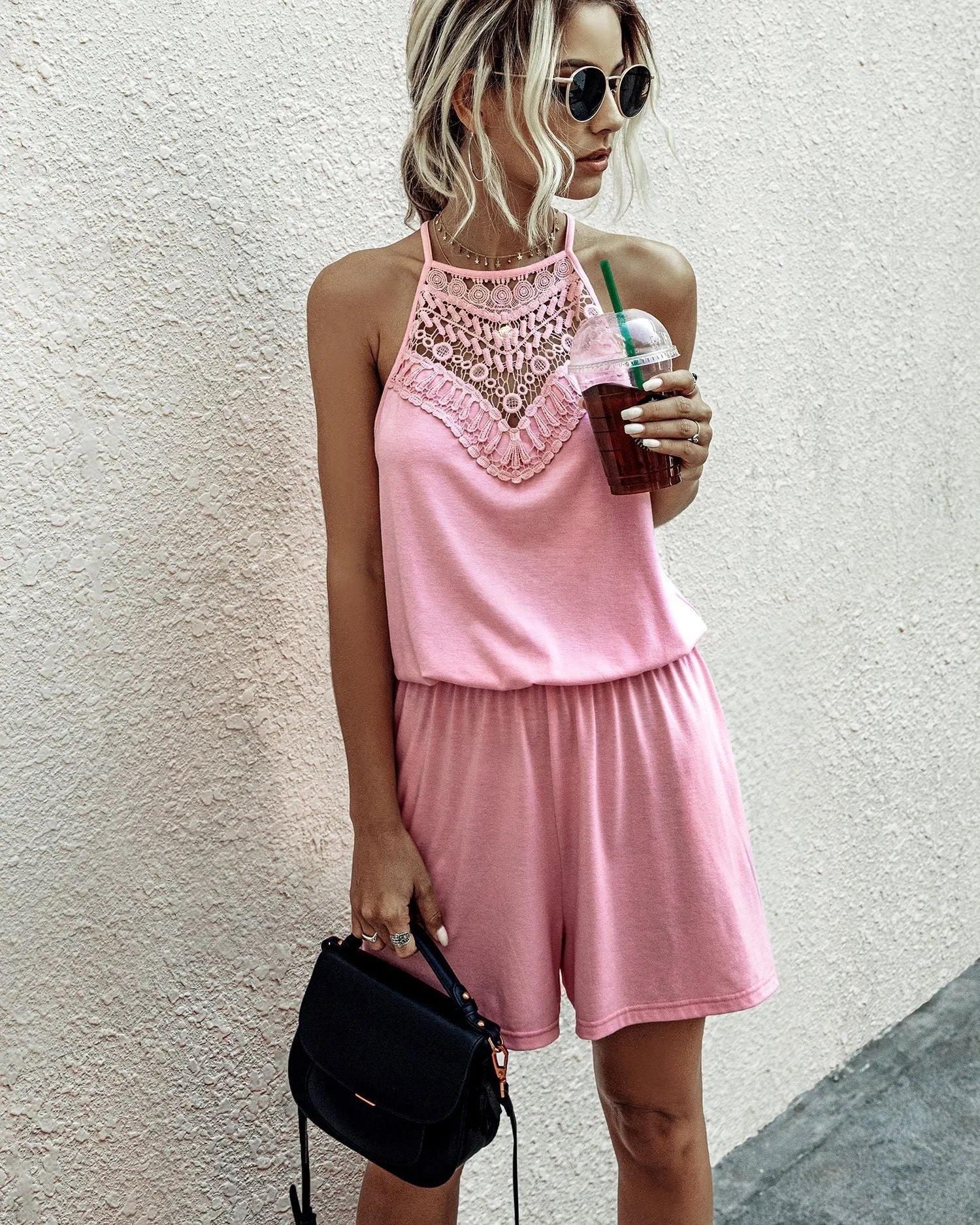 Lace Hollow Out Sleeveless Backless Hanging Neck Jumpsuit Rompers Home Workout Fitness Home Outfit