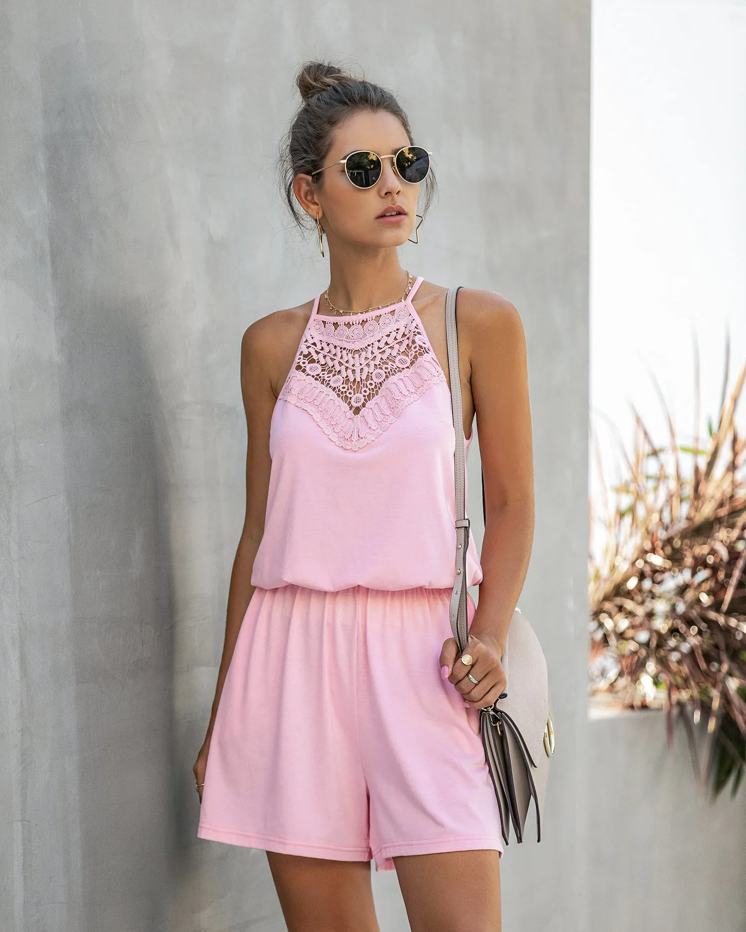 Lace Hollow Out Sleeveless Backless Hanging Neck Jumpsuit Rompers Home Workout Fitness Home Outfit