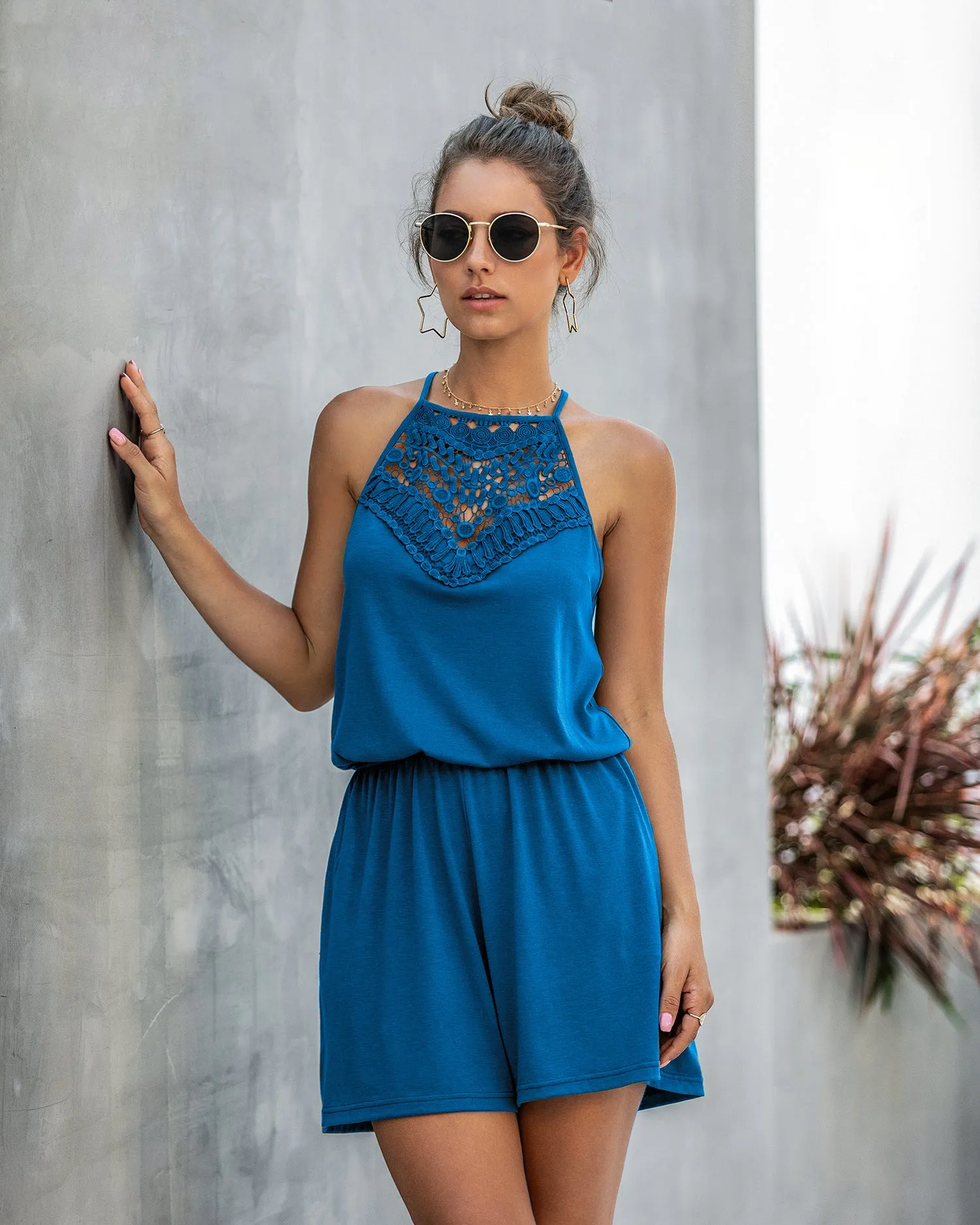 Lace Hollow Out Sleeveless Backless Hanging Neck Jumpsuit Rompers Home Workout Fitness Home Outfit