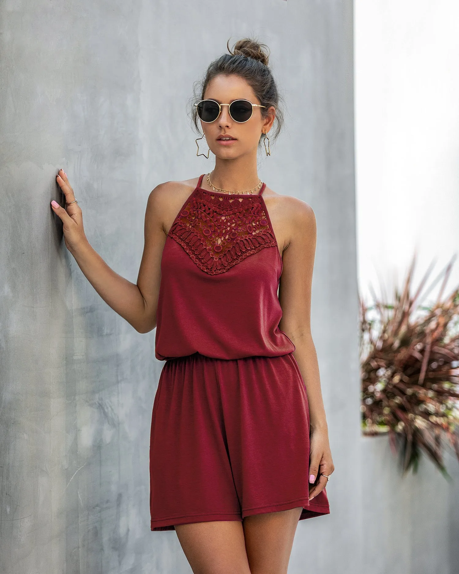 Lace Hollow Out Sleeveless Backless Hanging Neck Jumpsuit Rompers Home Workout Fitness Home Outfit