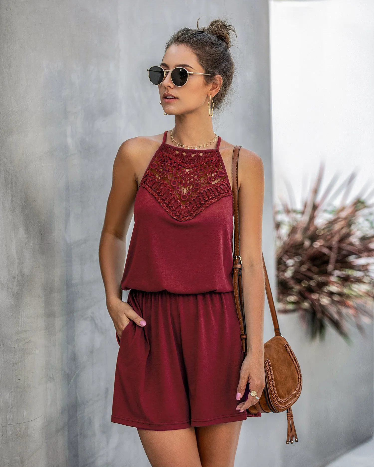 Lace Hollow Out Sleeveless Backless Hanging Neck Jumpsuit Rompers Home Workout Fitness Home Outfit