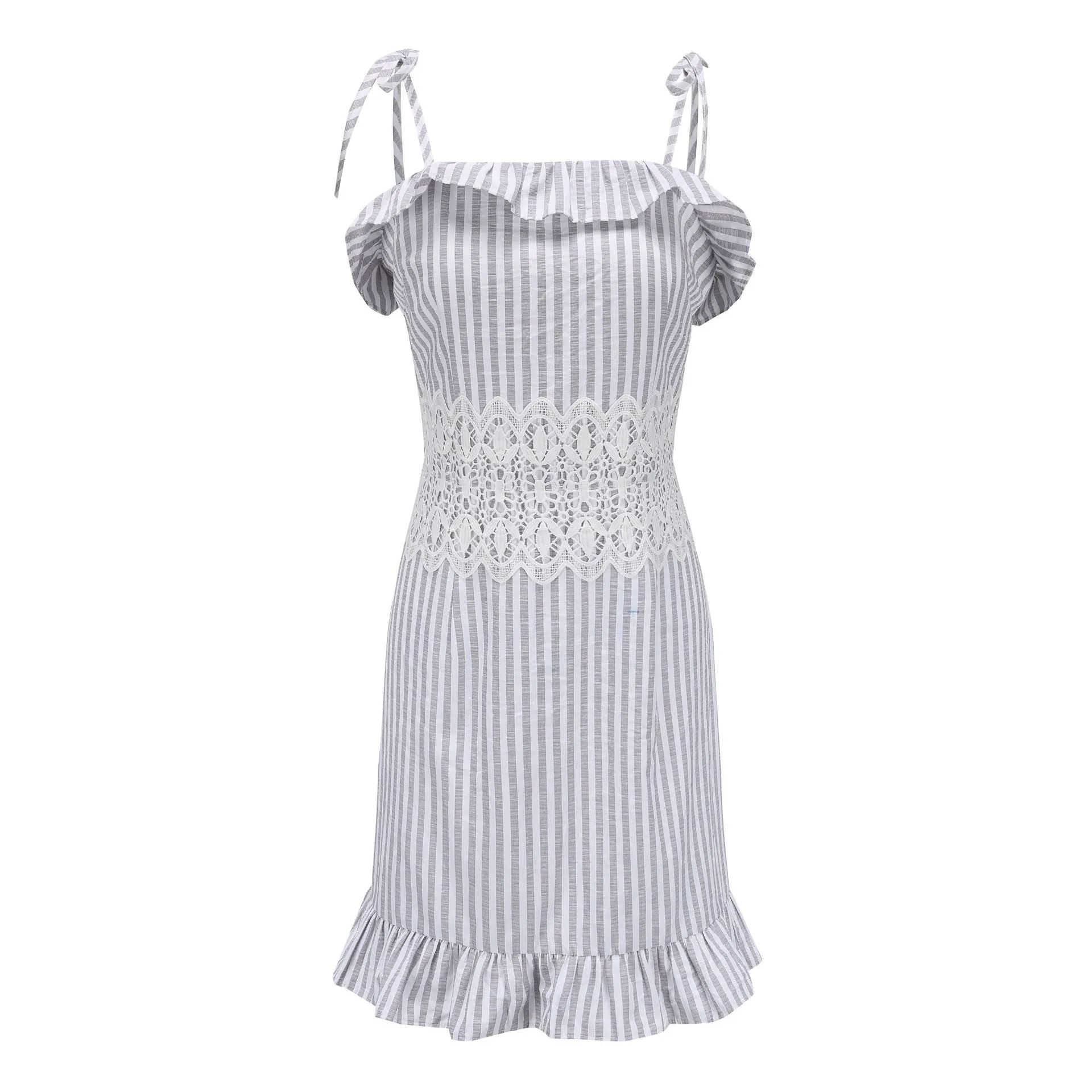 Lace Stitching Striped Ruffled Summer Dress