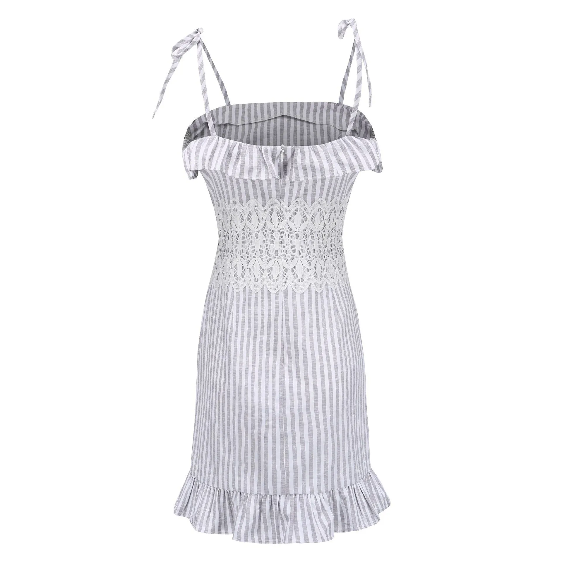 Lace Stitching Striped Ruffled Summer Dress