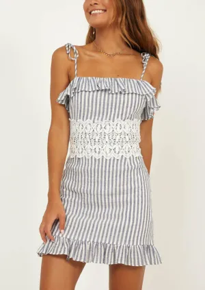 Lace Stitching Striped Ruffled Summer Dress