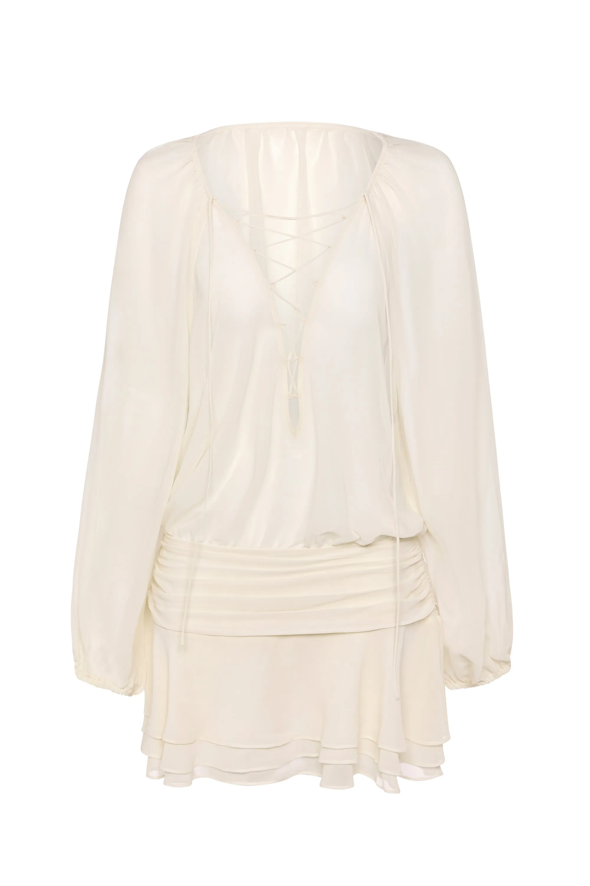 Lace-Up Balloon-Sleeve Mini Dress in Ivory