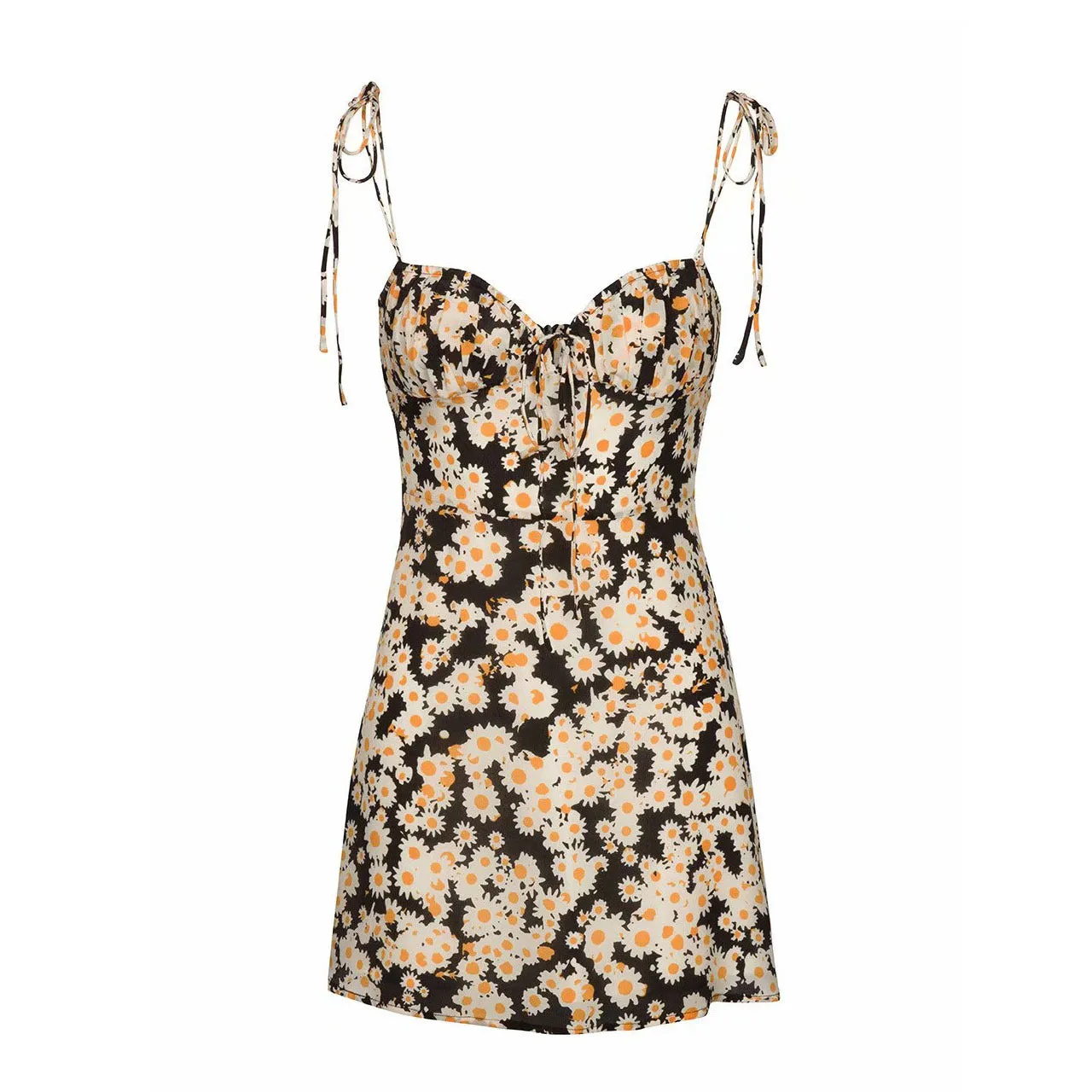Lace-up Chiffon Print Daisy Tube Top Mini Dress