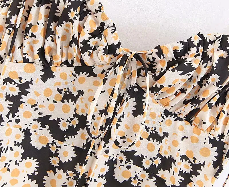 Lace-up Chiffon Print Daisy Tube Top Mini Dress