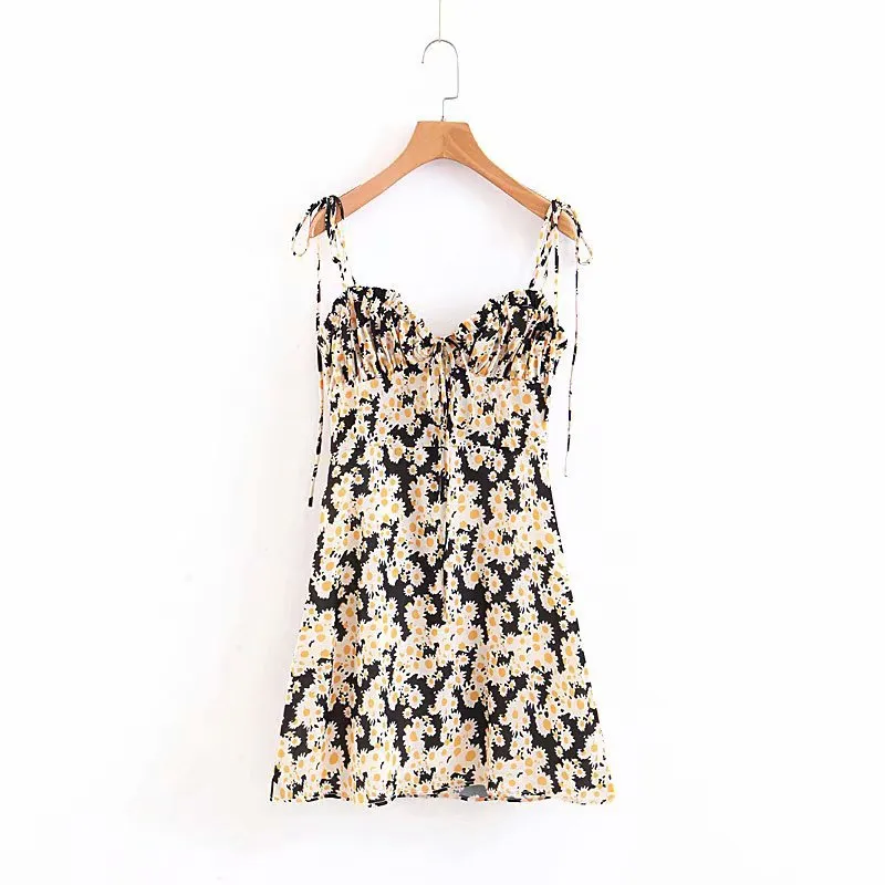 Lace-up Chiffon Print Daisy Tube Top Mini Dress