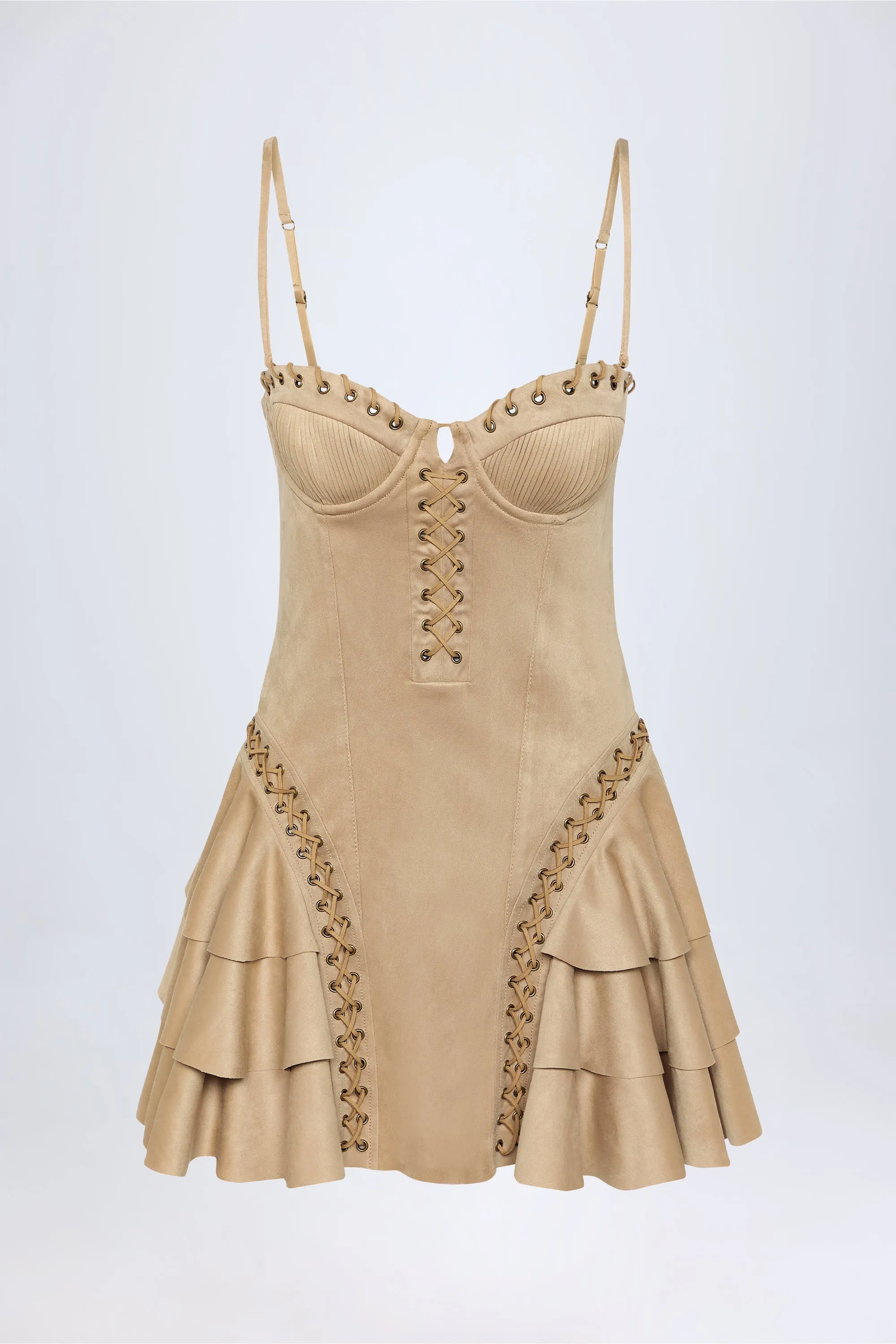 Lace-Up Tiered Corset Mini Dress in Tan