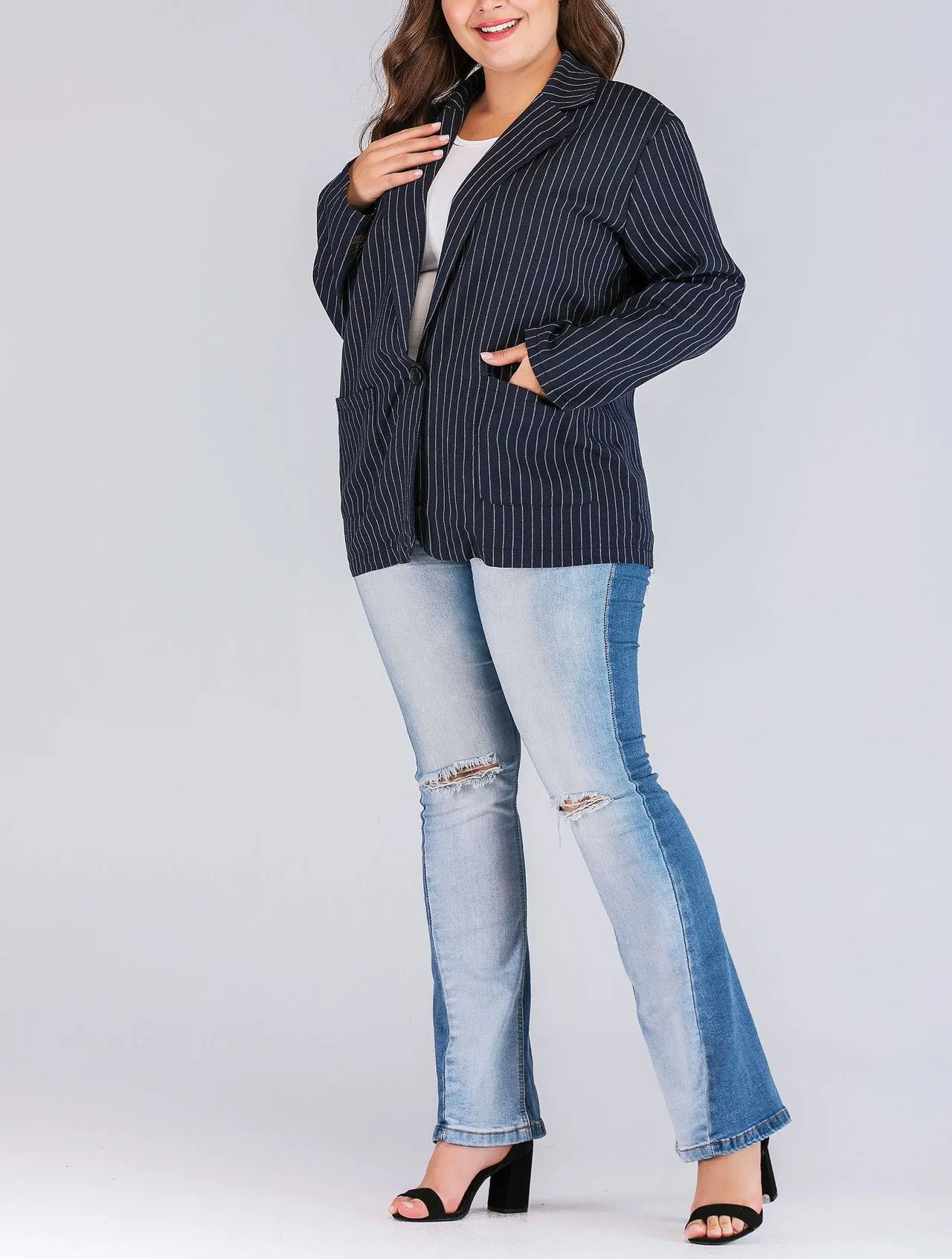 Large Size Fashion Women's Striped Long Sleeve Blazer