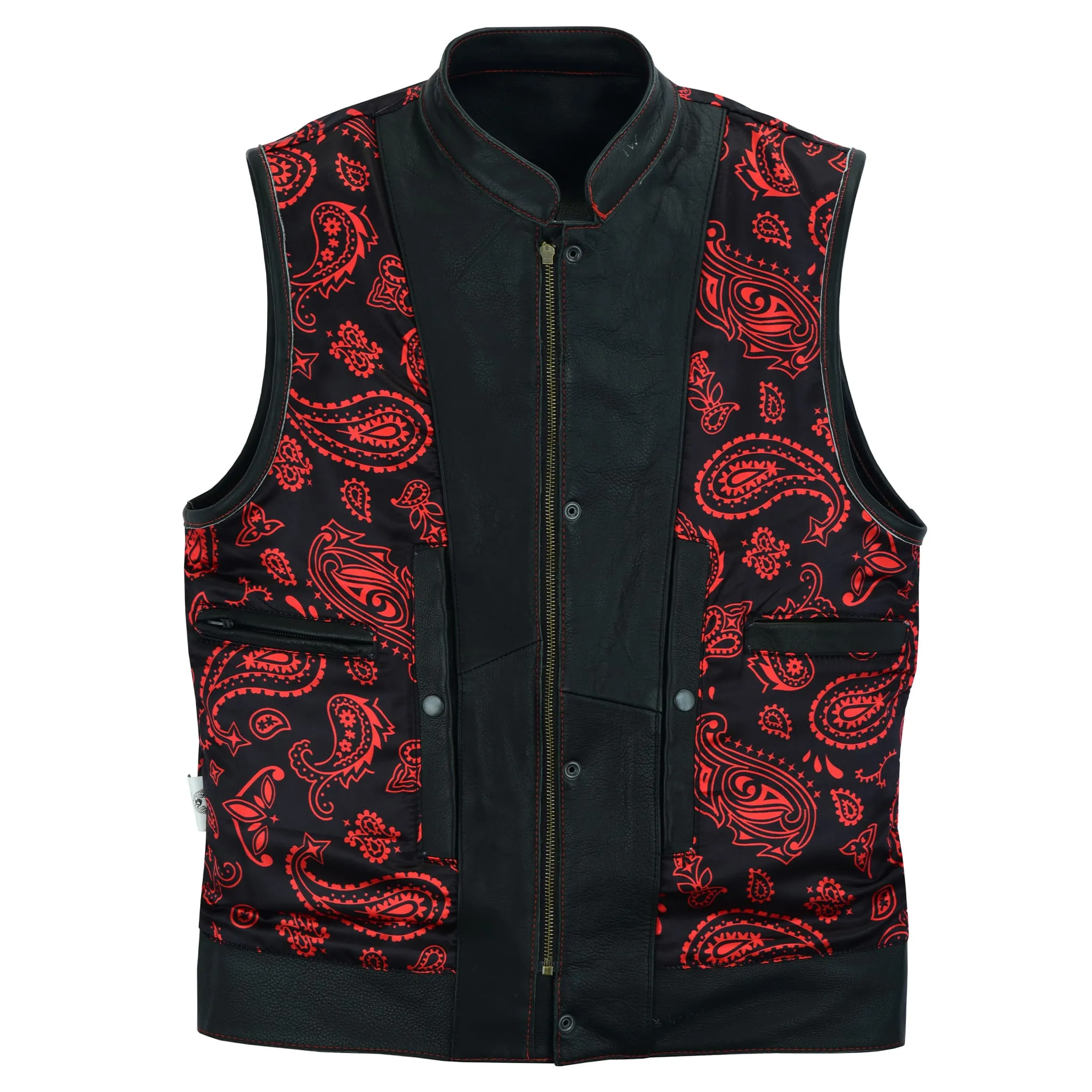 Leatherick Men’s Red Stitch Leather Biker Vest With Paisley Liner