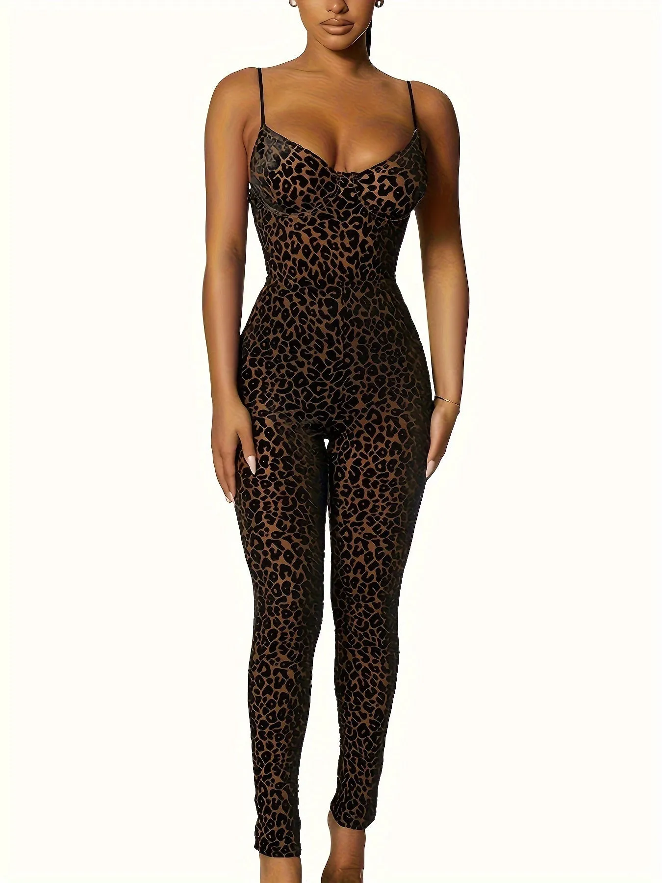 Leopard Cami Jumpsuit, Casual Sleeveless Slim Jumpsuits