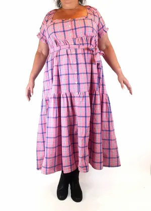 Little Tienda pink check print maxi dress fits size 16-18