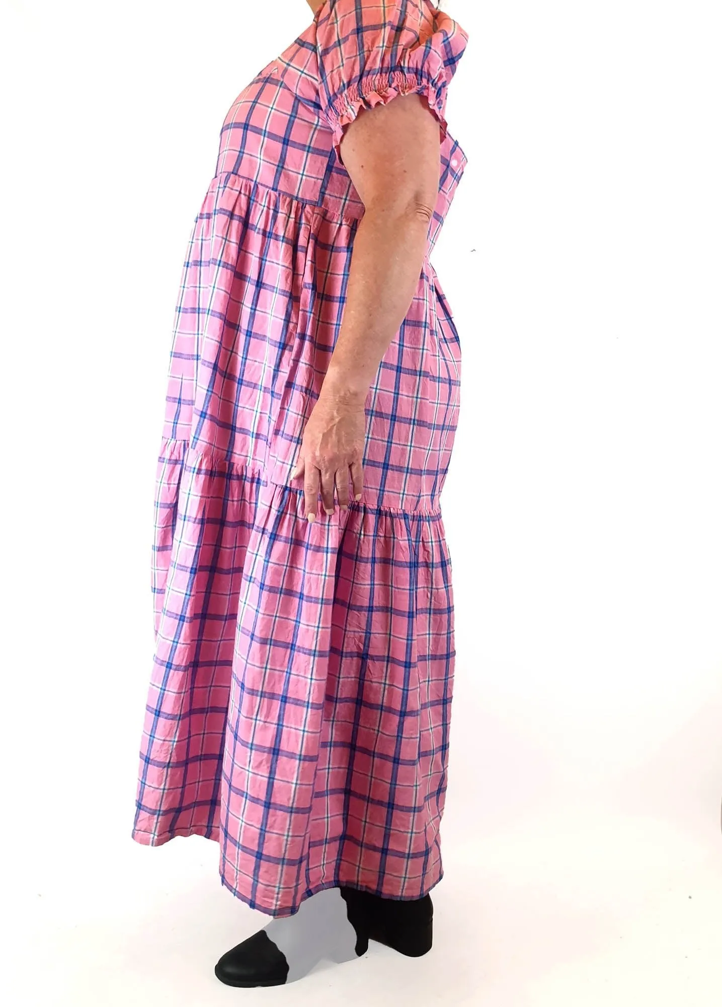 Little Tienda pink check print maxi dress fits size 16-18
