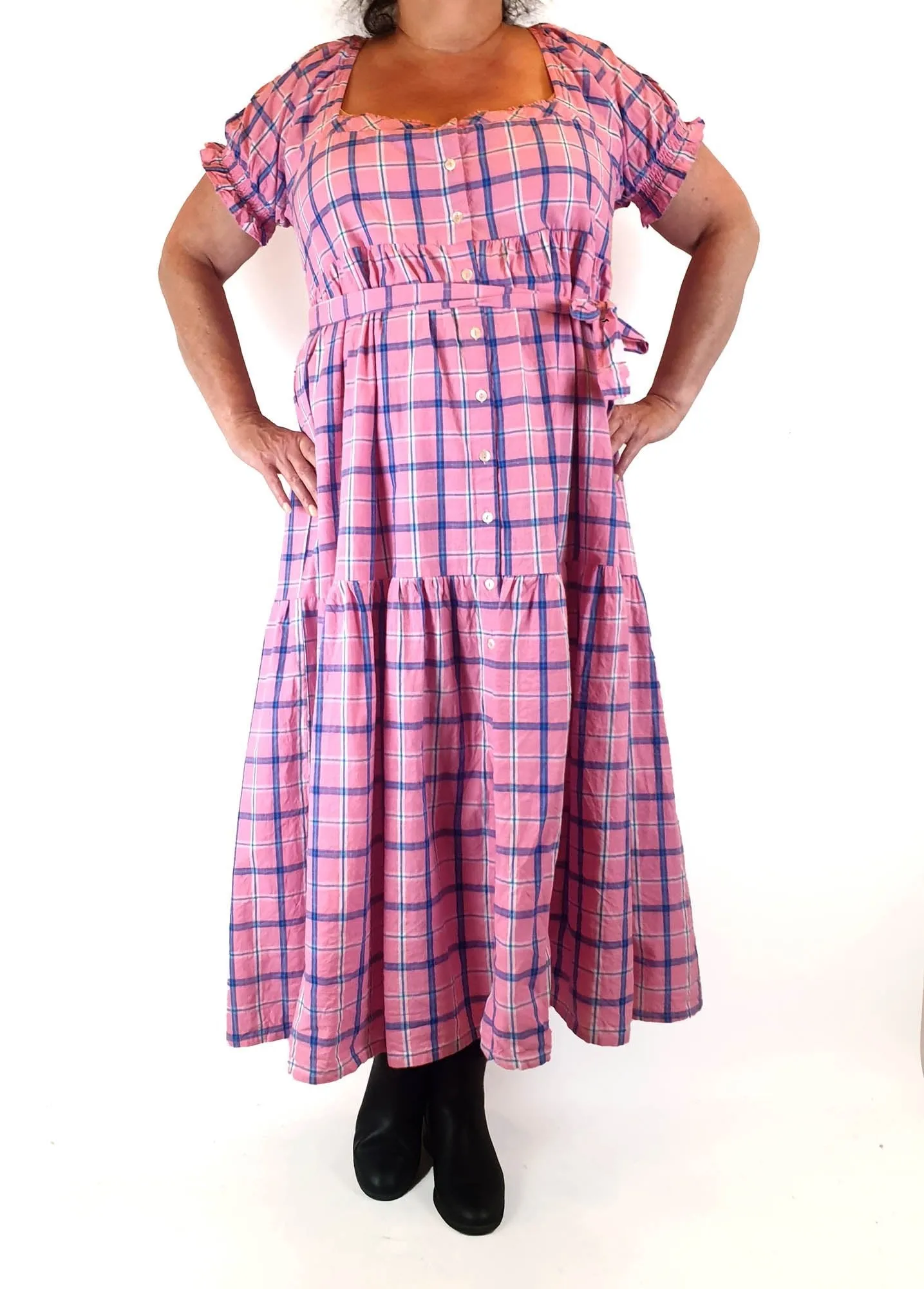 Little Tienda pink check print maxi dress fits size 16-18