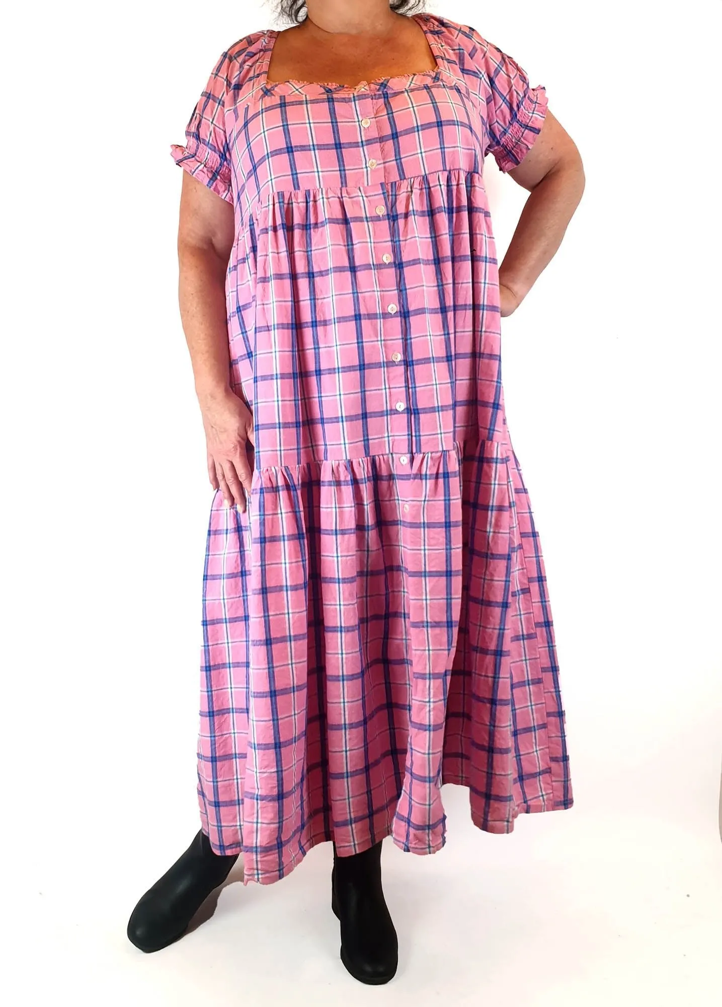 Little Tienda pink check print maxi dress fits size 16-18