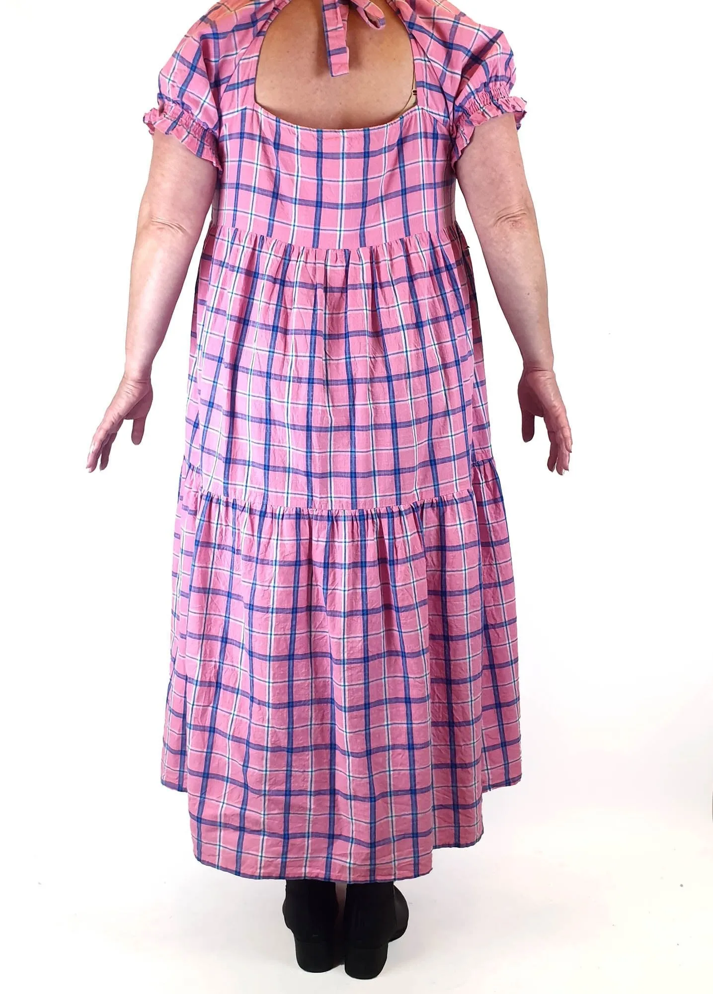 Little Tienda pink check print maxi dress fits size 16-18