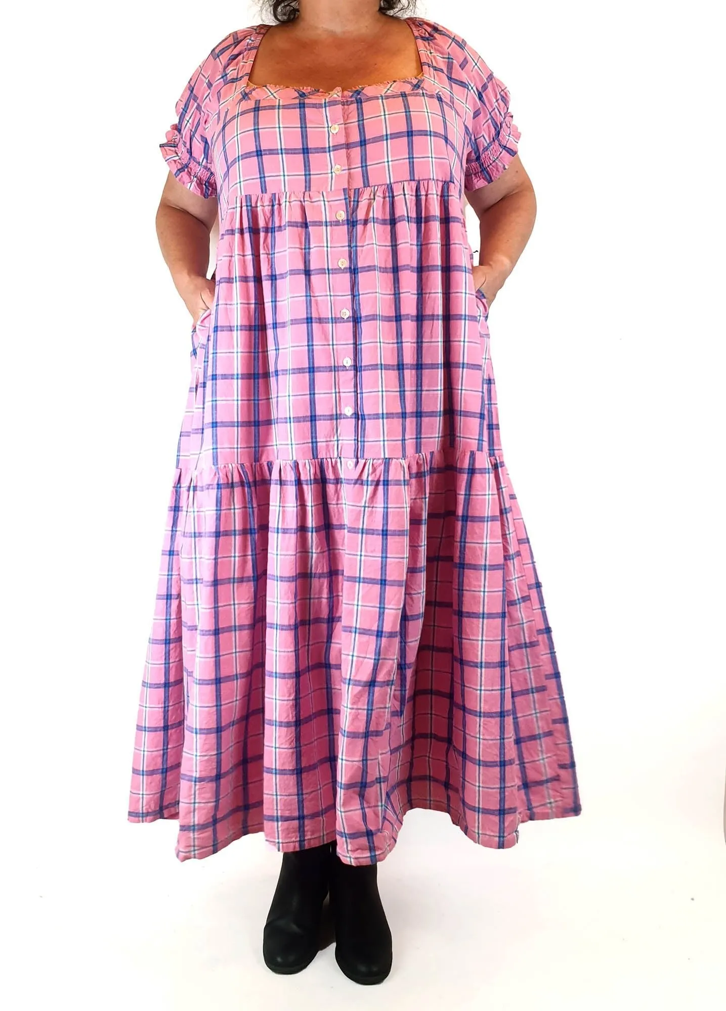 Little Tienda pink check print maxi dress fits size 16-18