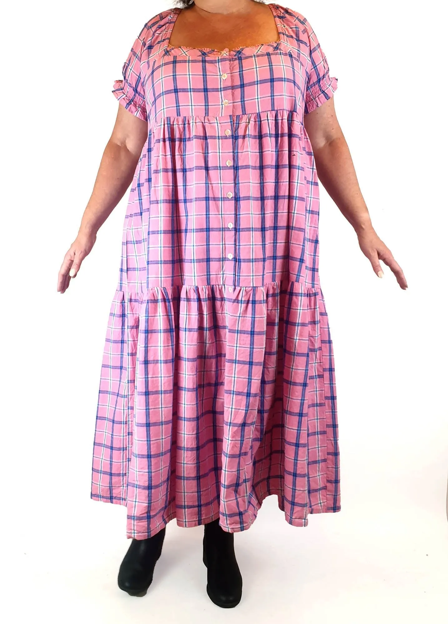 Little Tienda pink check print maxi dress fits size 16-18
