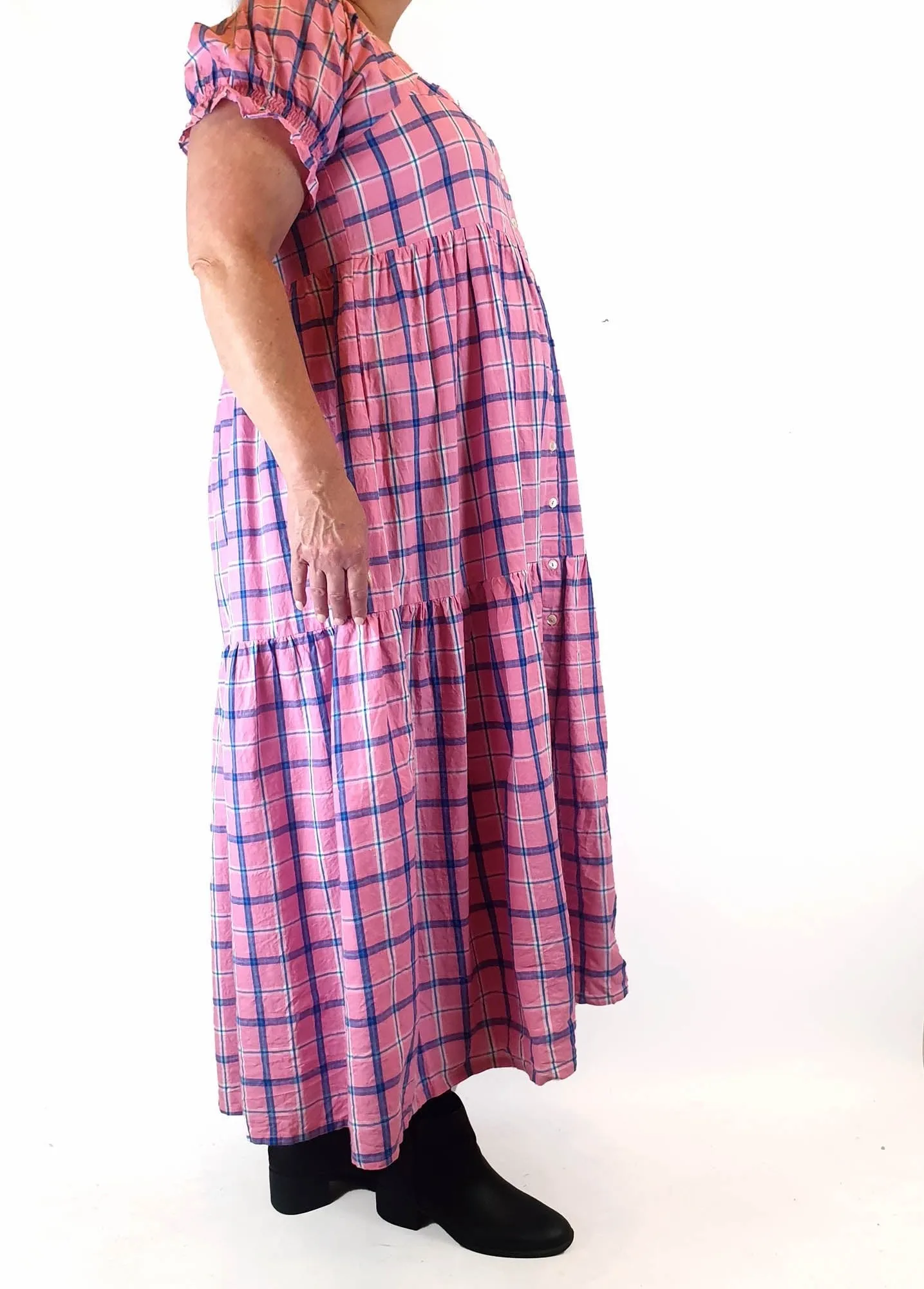 Little Tienda pink check print maxi dress fits size 16-18