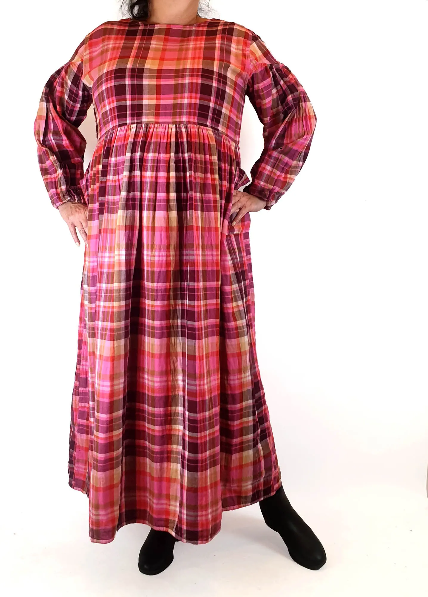 Little Tienda pink plaid long sleeve maxi dress fits size 16-18