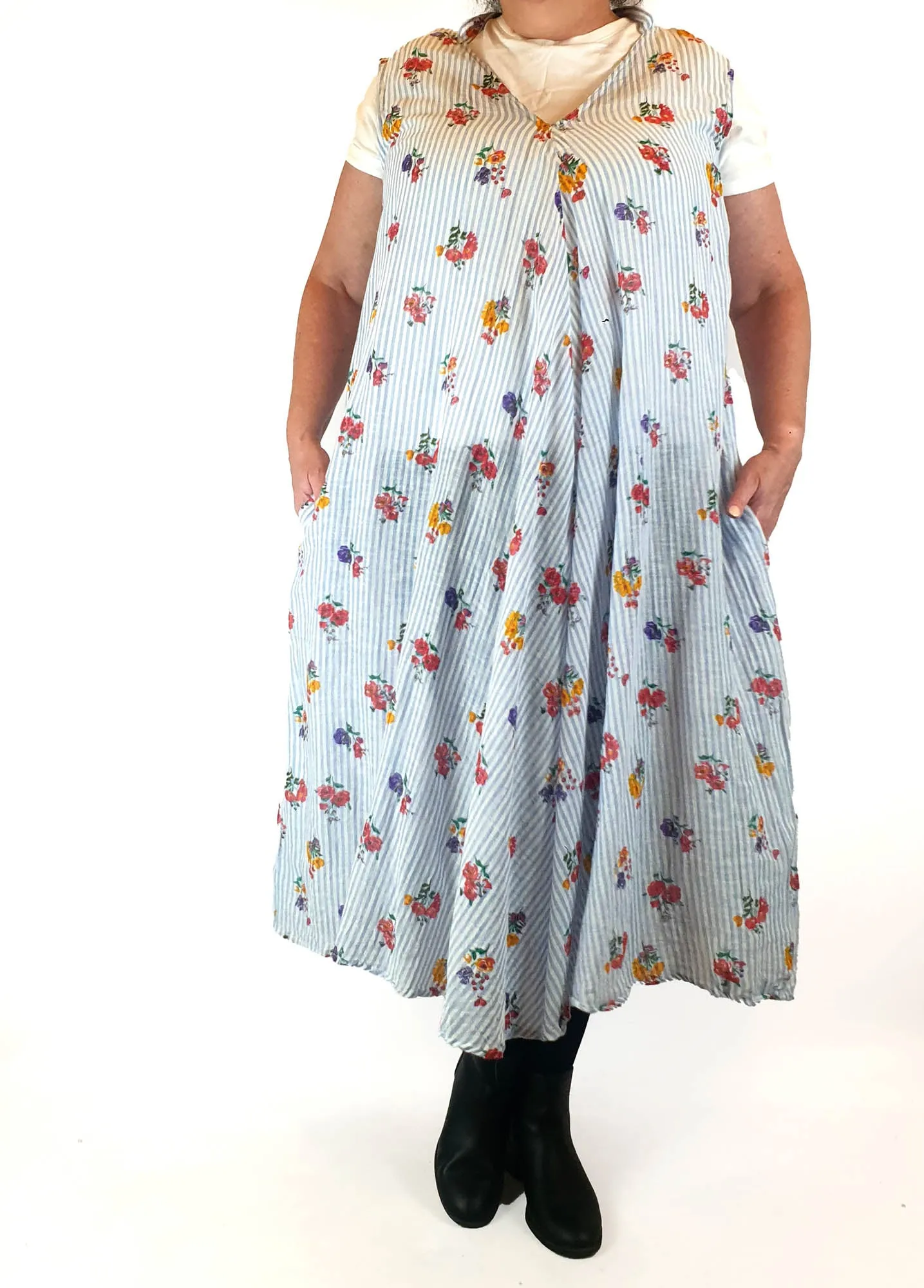 Little Tienda striped floral print maxi dress fits size 16-18