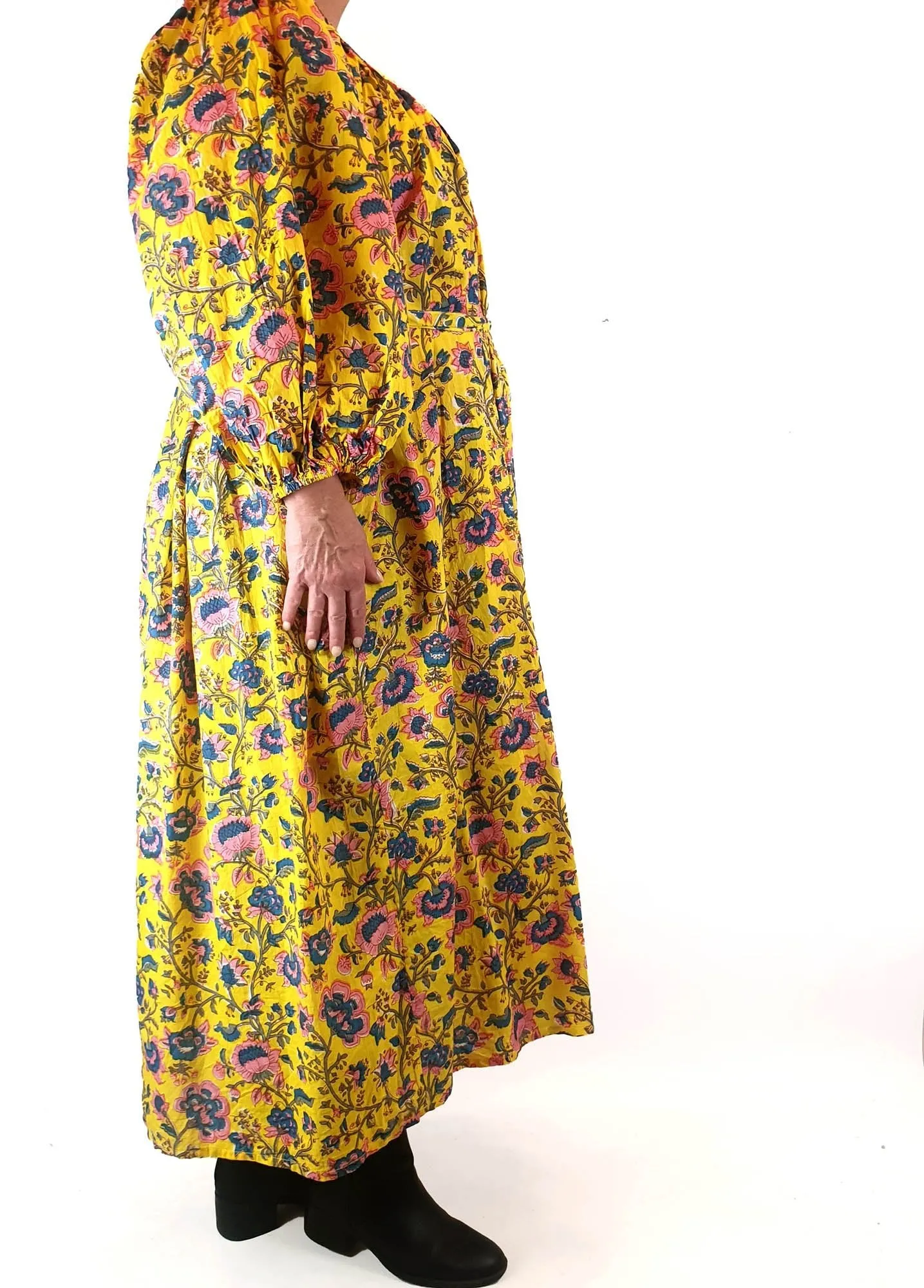 Little Tienda yellow floral print long sleeve maxi dress fits size 16-18