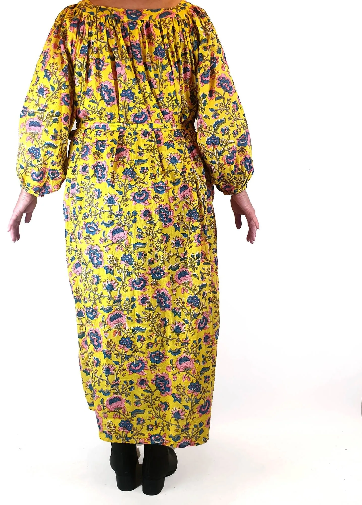 Little Tienda yellow floral print long sleeve maxi dress fits size 16-18